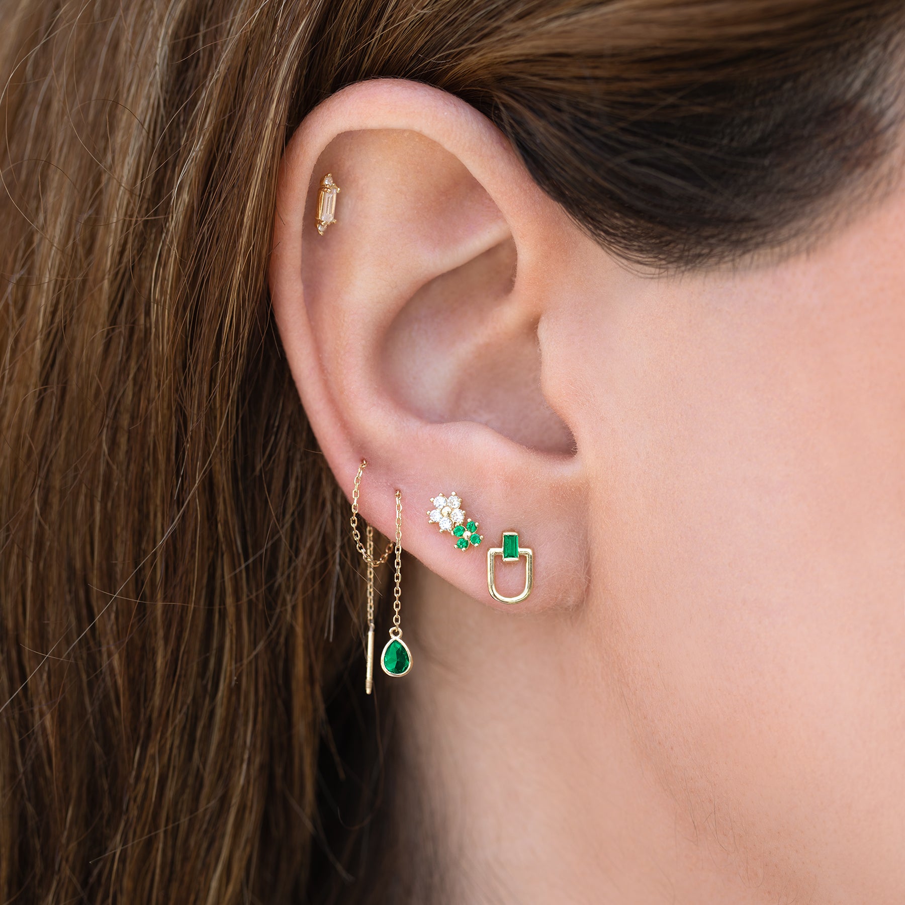 14k Solid Gold Clear Baguette Stud