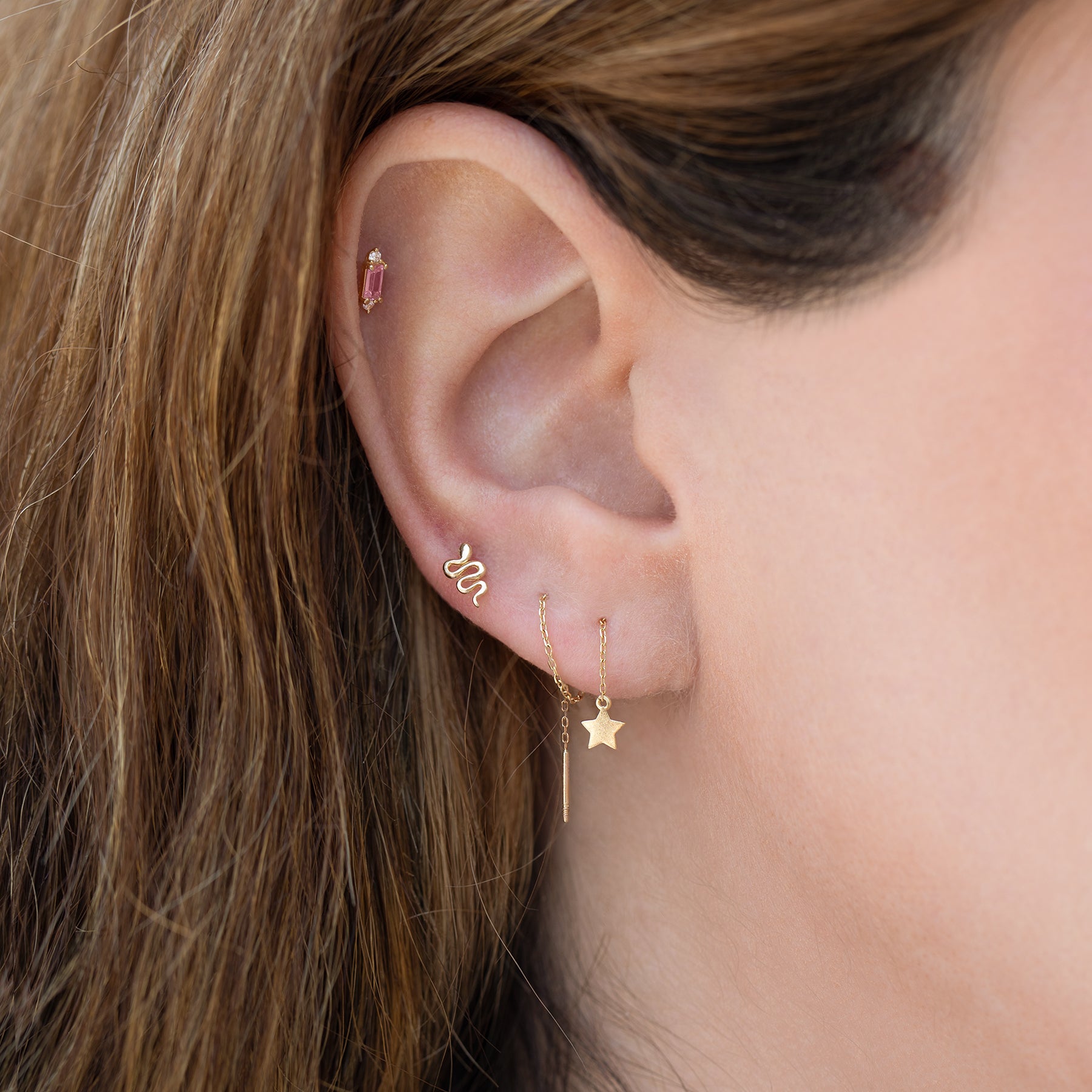 14k Solid Gold Pink Baguette Stud
