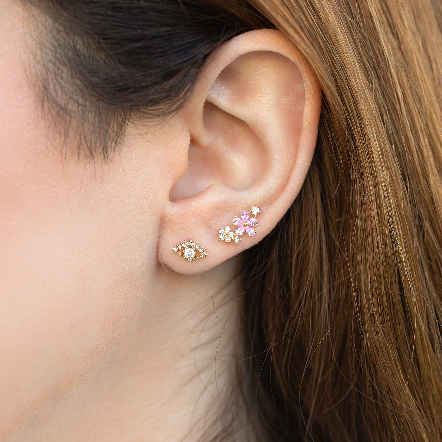 10k Solid Gold Pink Petals Ball Back Crawler Stud