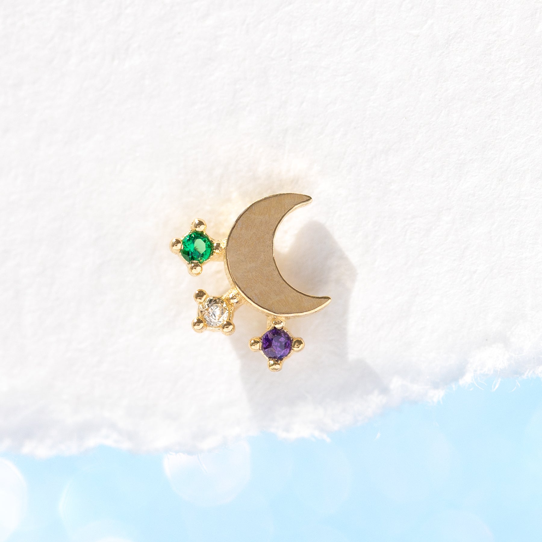 14k Solid Gold Eclectic Moon Stud