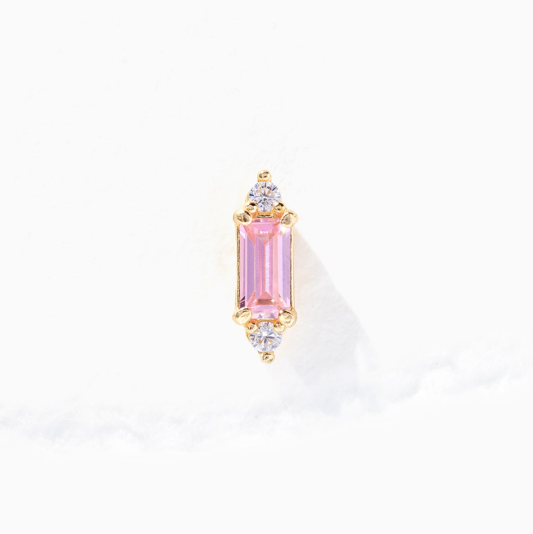 14k Solid Gold Pink Baguette Stud