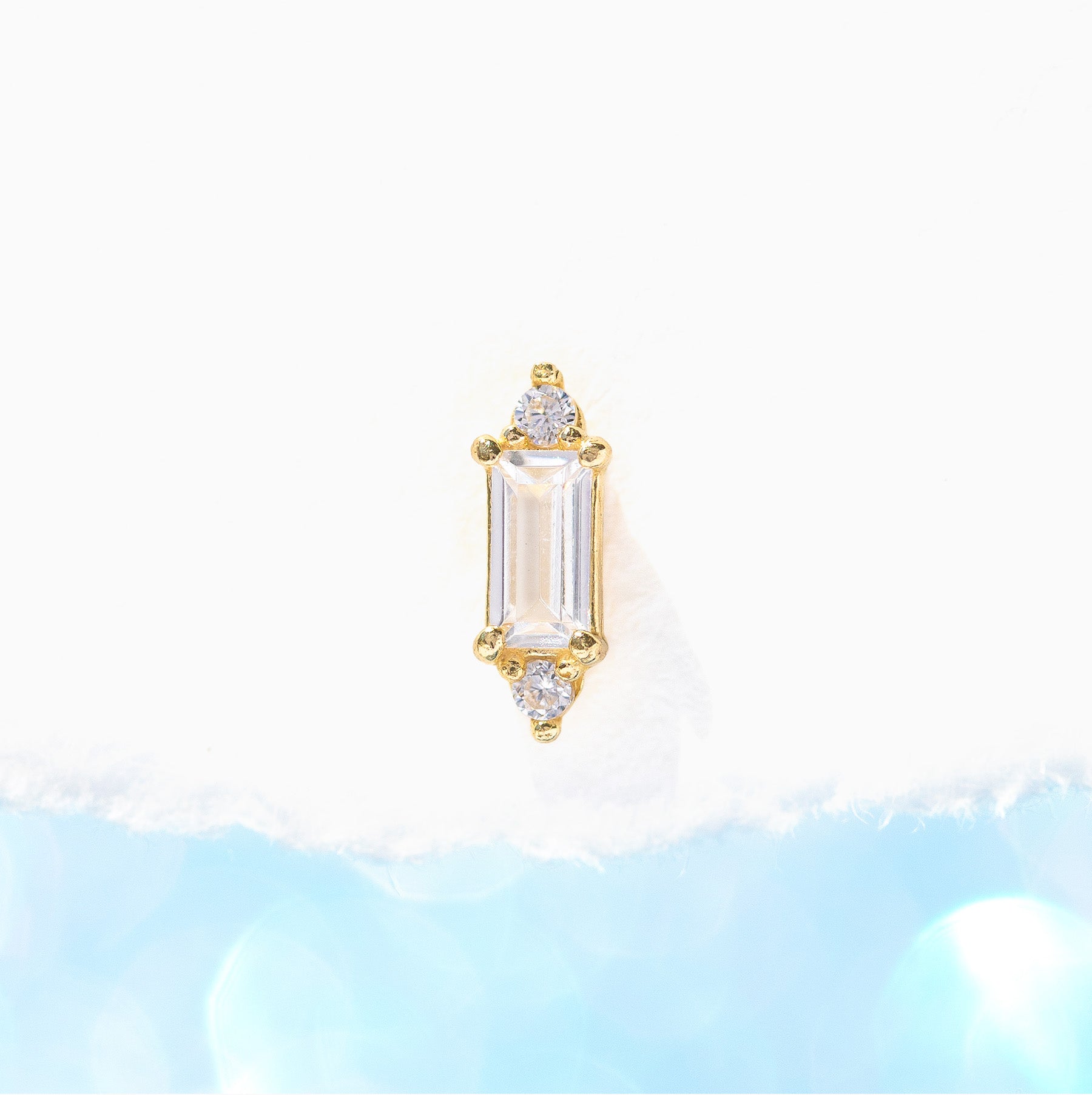 14k Solid Gold Clear Baguette Stud