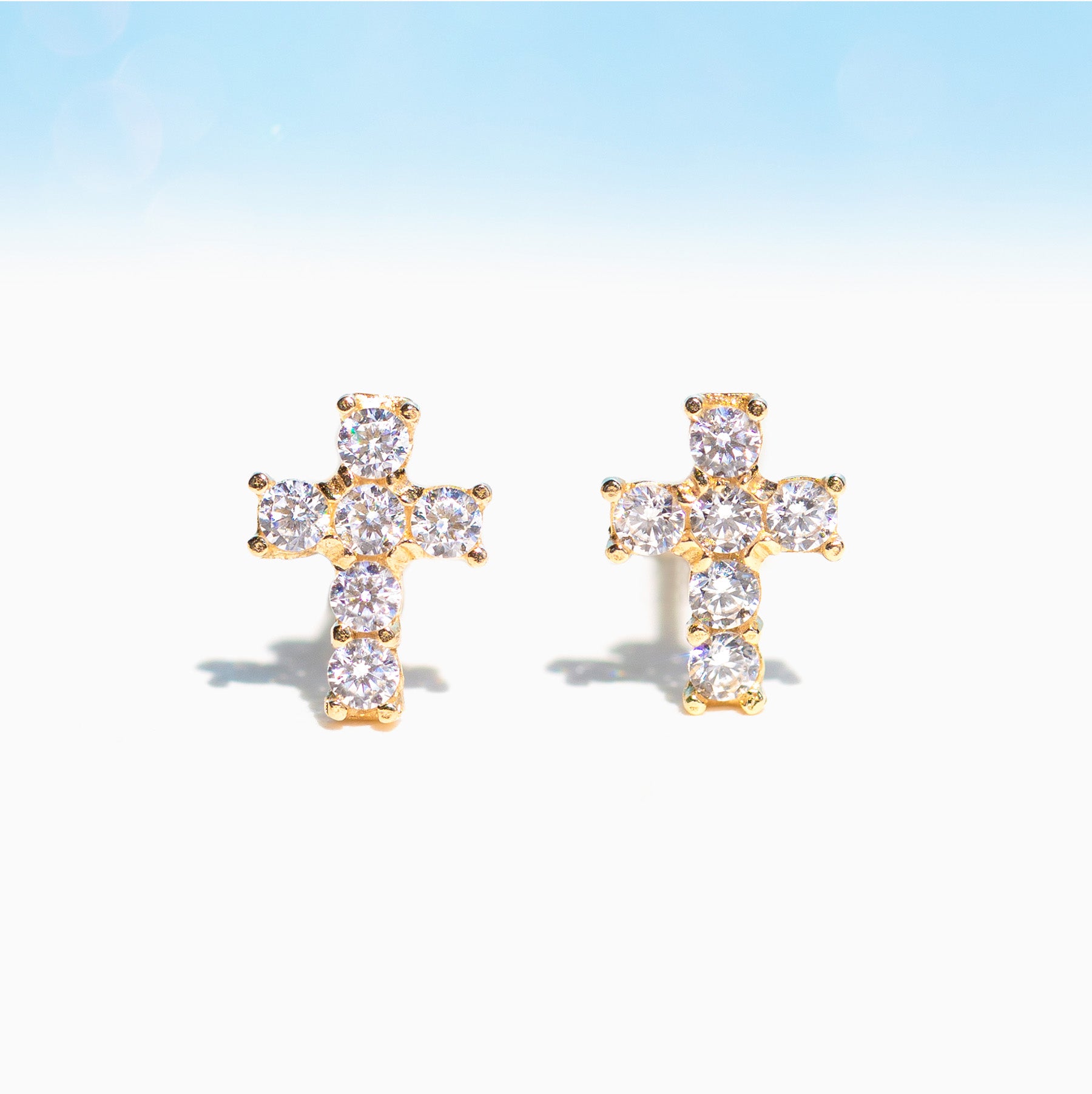 14k Solid Gold Jeweled Cross Stud Earrings