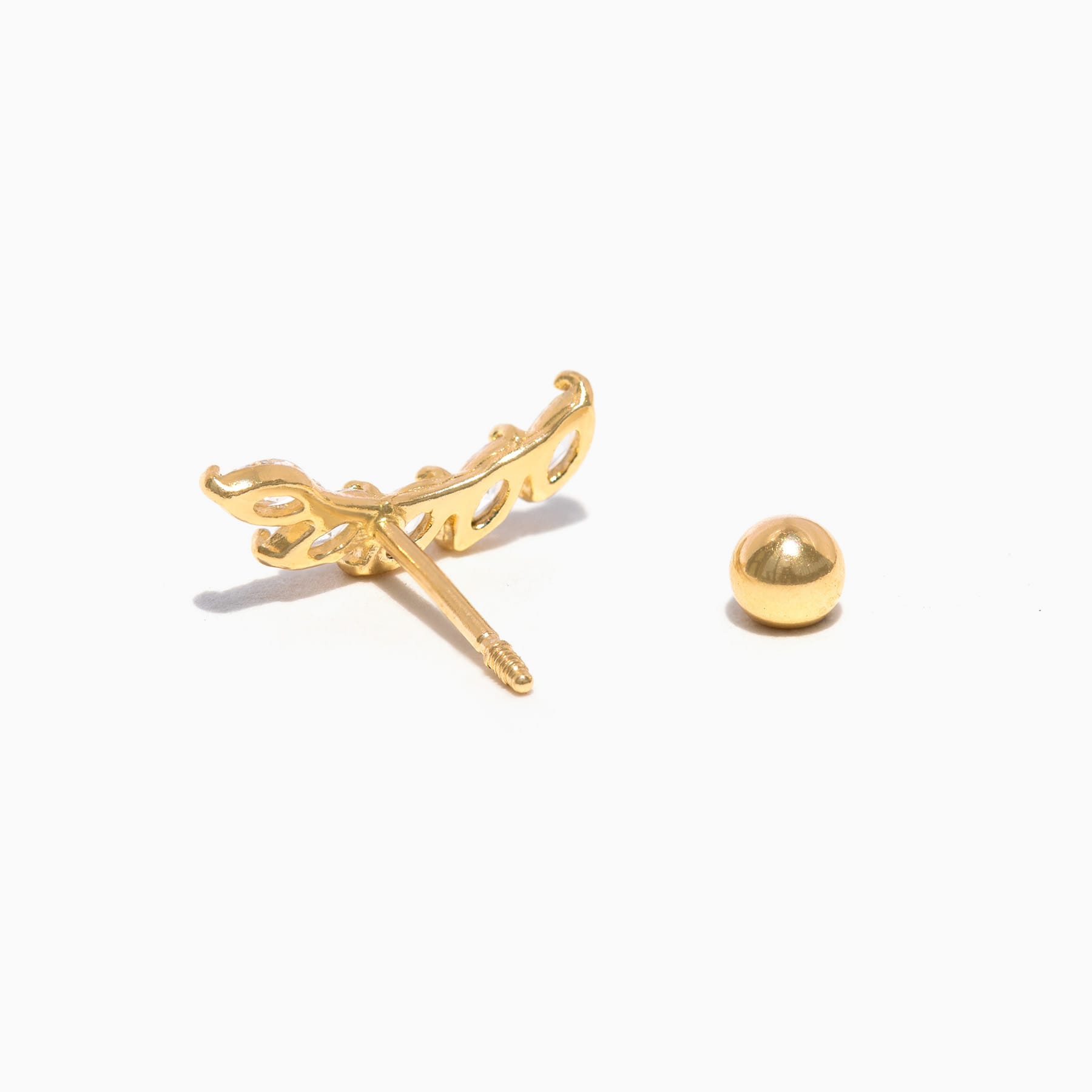 14k Solid Gold Leaf Ear Climber Ball Back Stud