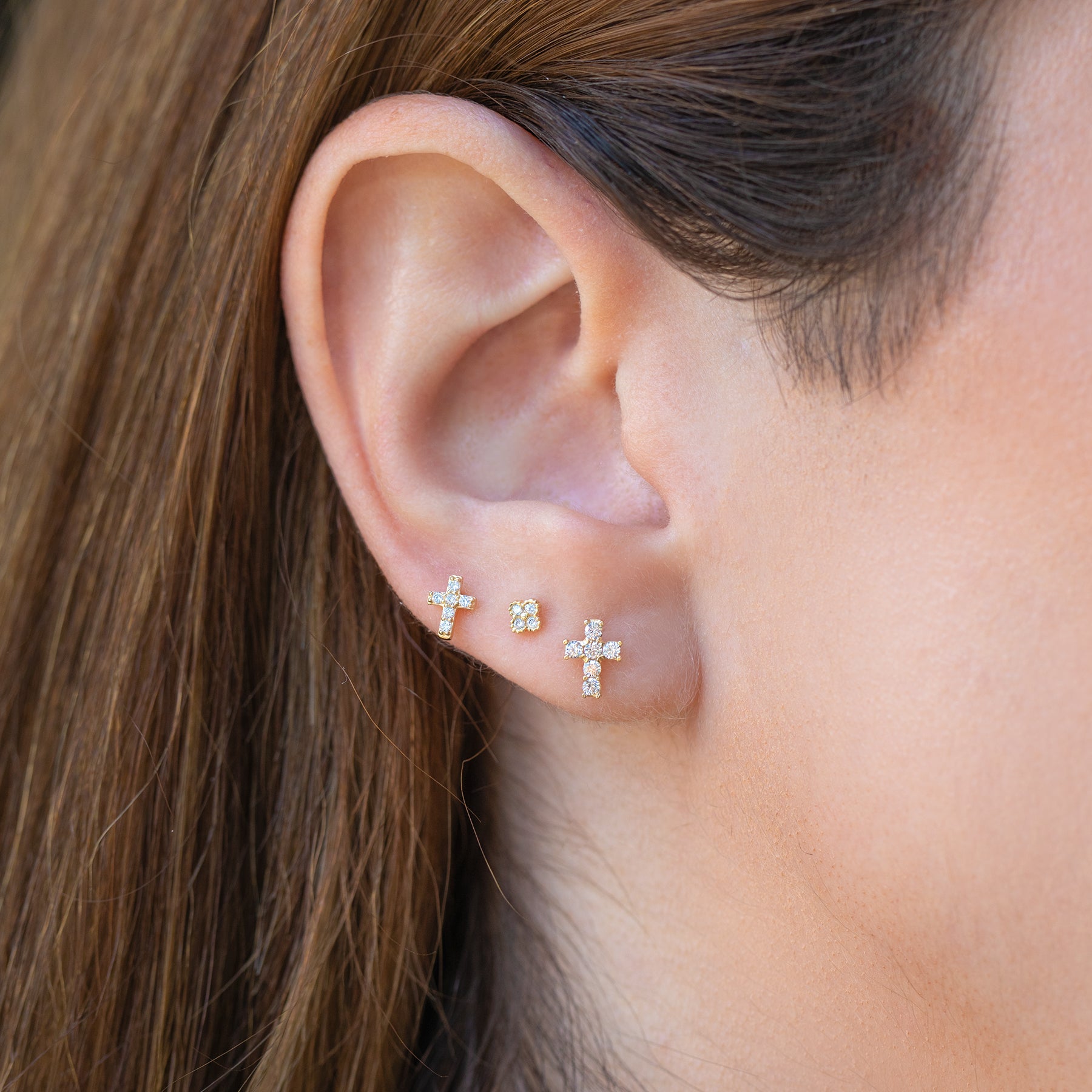 14k Solid Gold Jeweled Cross Stud Earrings