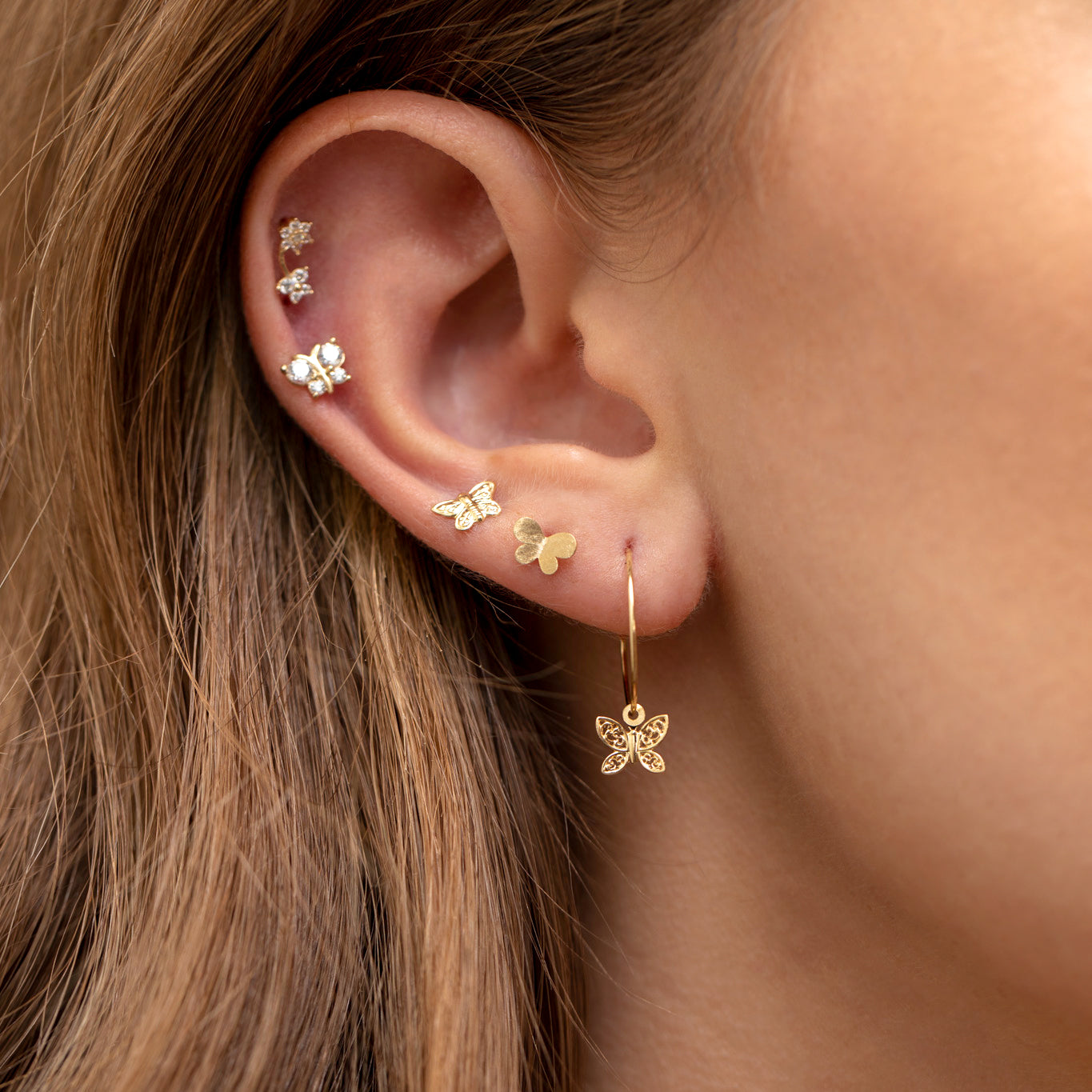 14k Solid Gold Crystal Butterfly Stud Earrings
