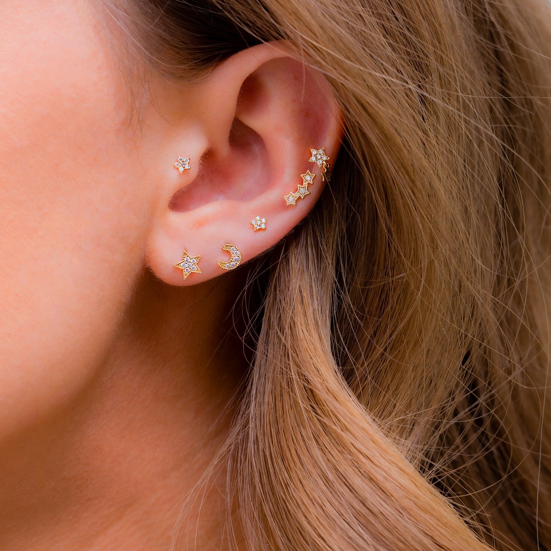 14k Solid Gold My Moon and Stars Stud Earrings