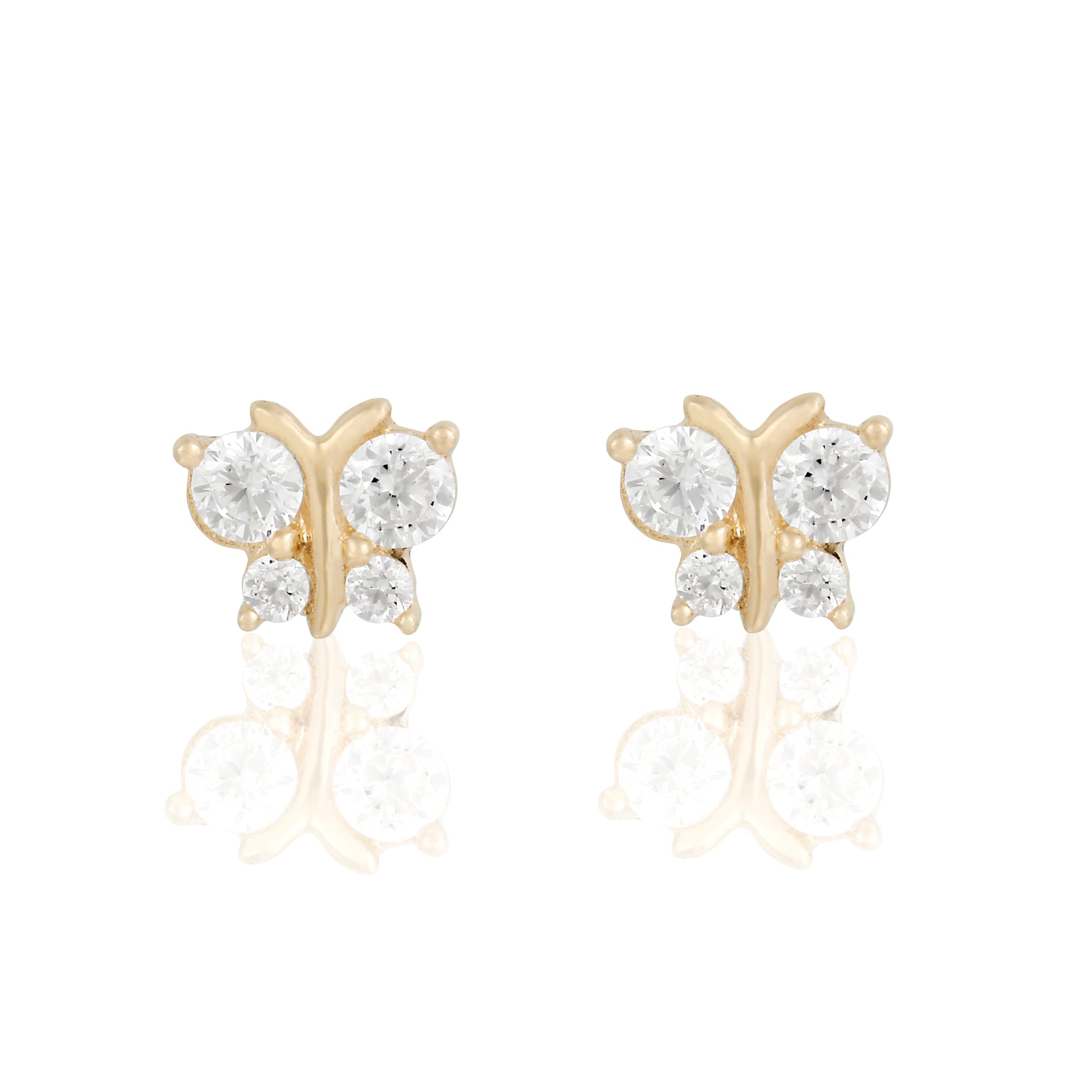 14k Solid Gold Crystal Butterfly Stud Earrings