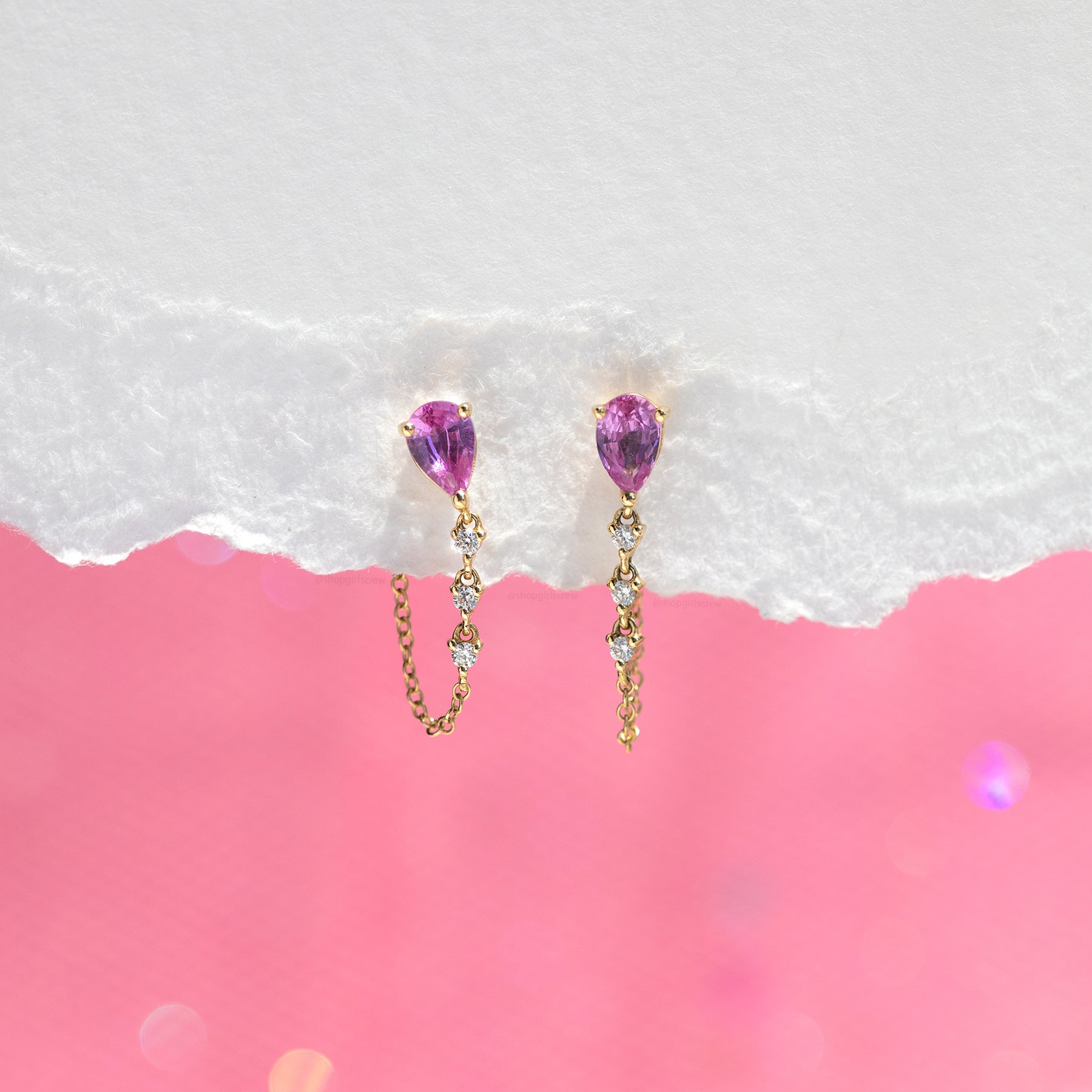 14k Solid Gold Pink Matter Chain Earring