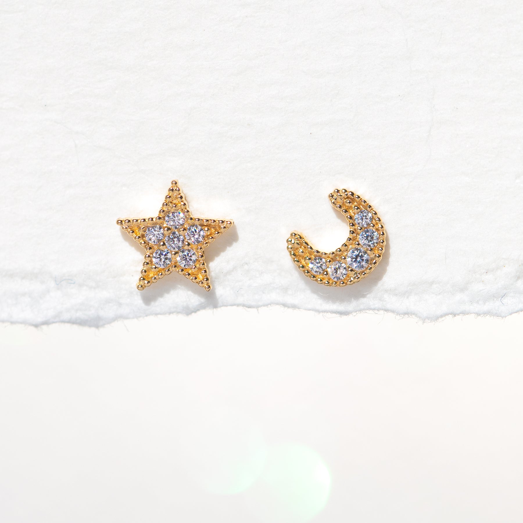 14k Solid Gold My Moon and Stars Stud Earrings