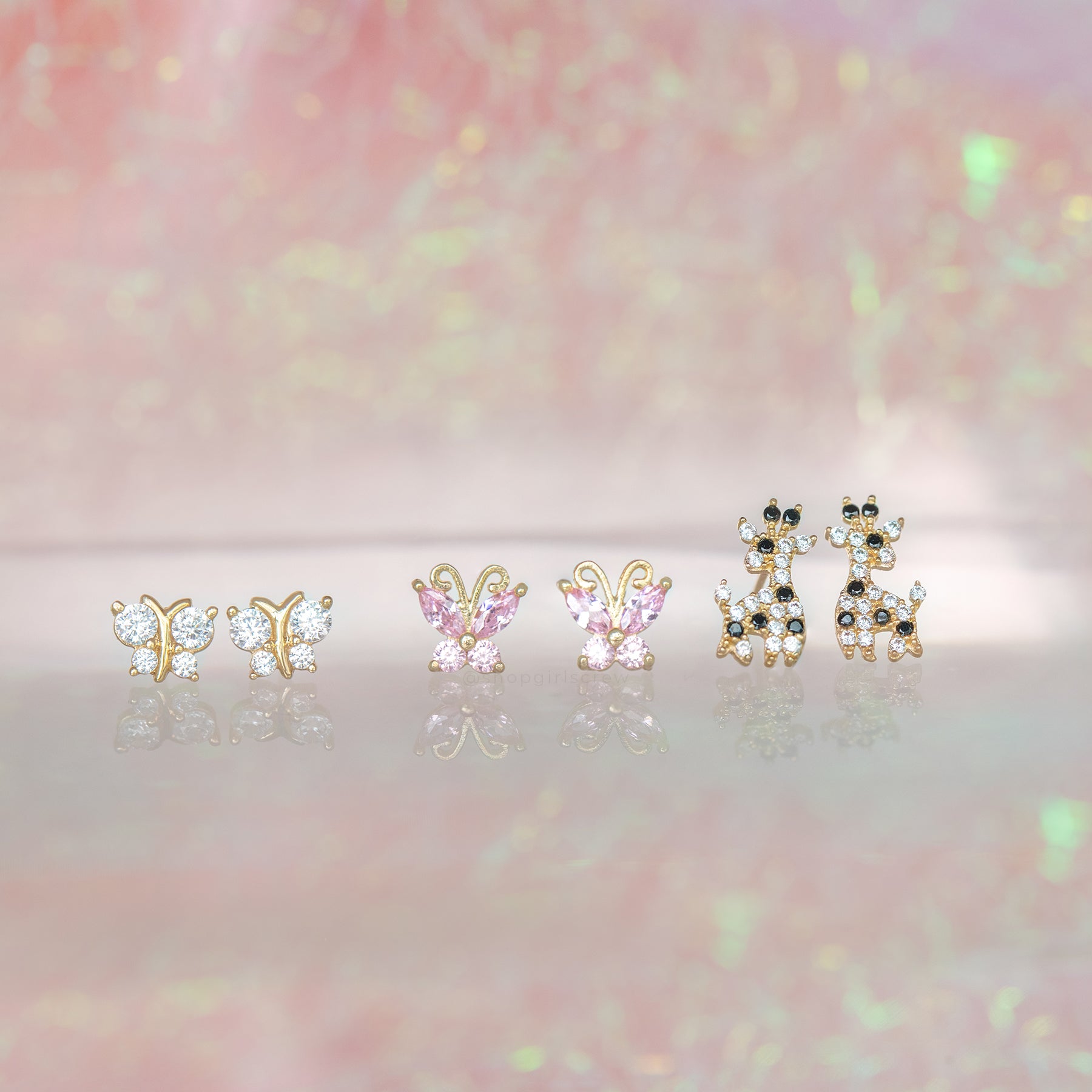 14k Solid Gold Crystal Butterfly Stud Earrings