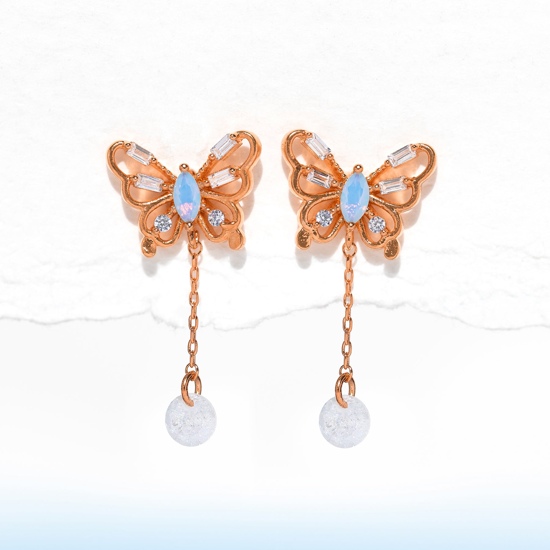 Butterfly Earrings with Rose Ball (Silver/Zircon) 2024