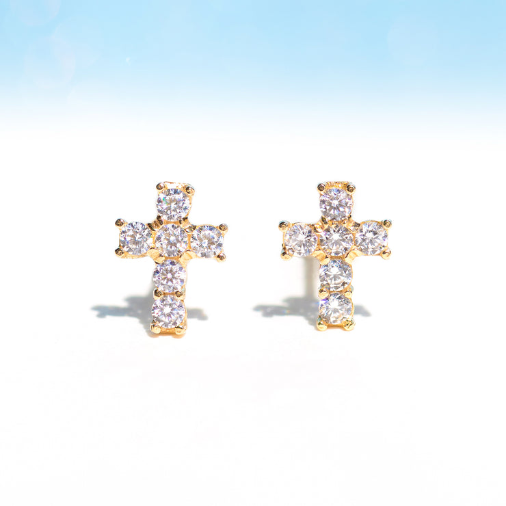 Fine Jeweled Cross Stud Earrings