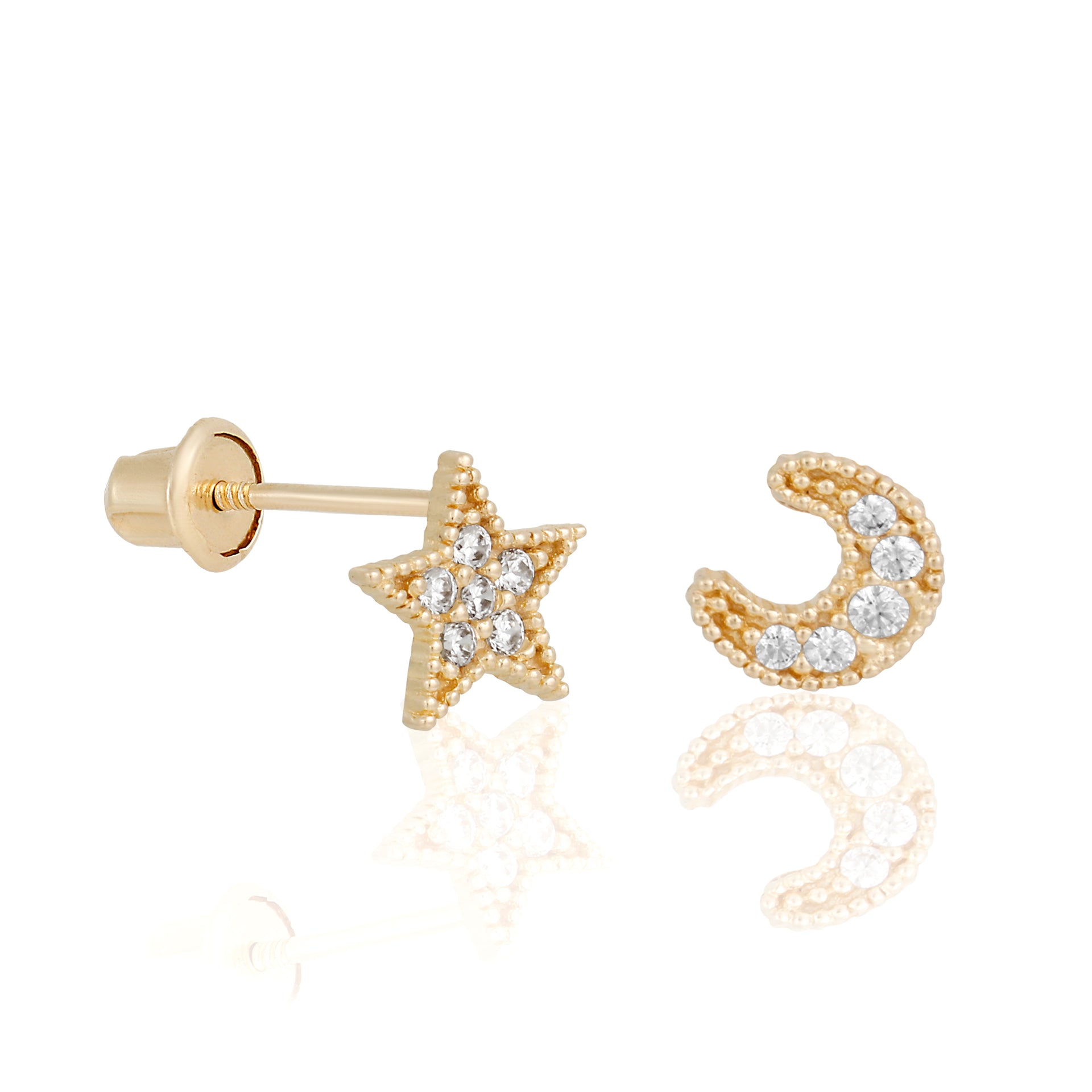 14k Solid My Moon Stars Stud Earrings